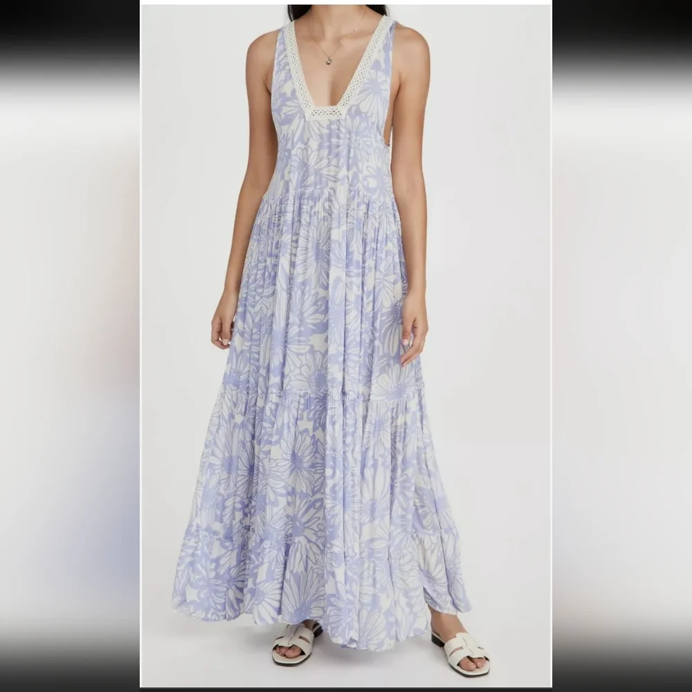 New!Free people slip on boho-chick tier cornflower combo maxi dress Cottagecore - Picture 2 of 15